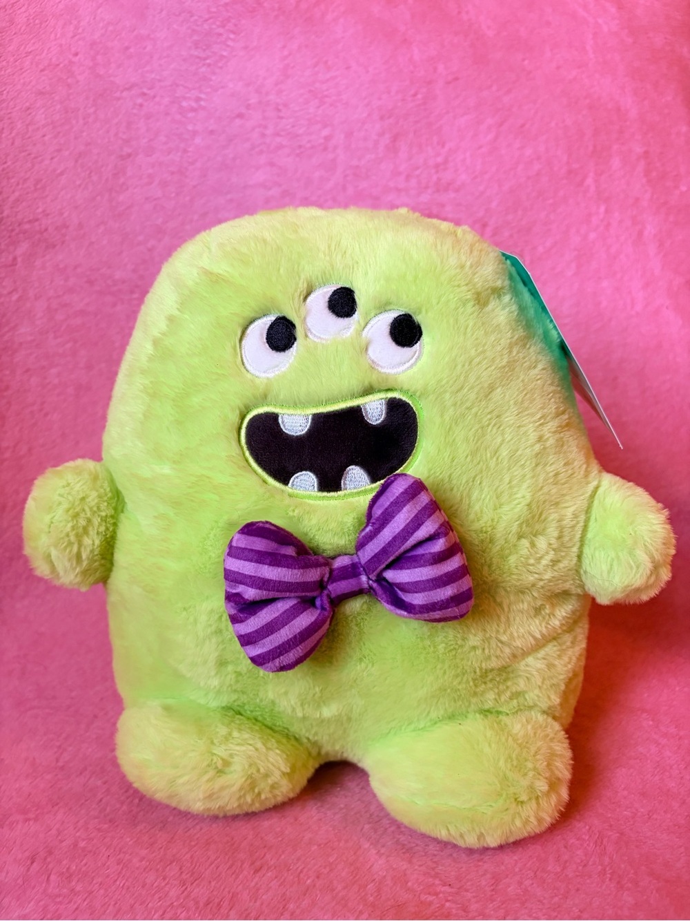 Plush Monster Toy with Purple Bow - Green Kids Plush